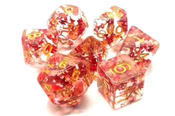 Old School 7 Piece Dice Set Infused Red Butterfly With Gold Pose 1