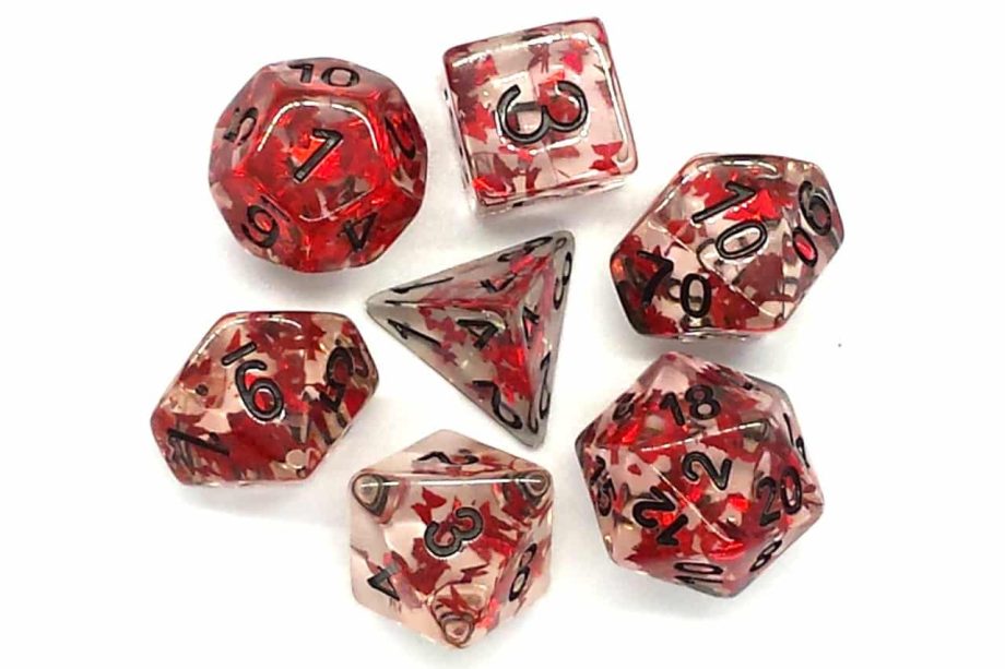 Old School 7 Piece Dice Set Infused Red Butterfly With Black Pose 2