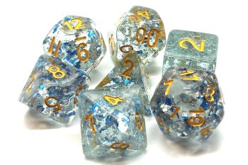 Old School 7 Piece Dice Set Particles Metallic Blue With Gold Pose 1