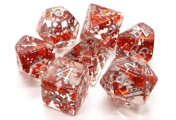 Old School 7 Piece Dice Set Infused Orange Butterfly With Silver Pose 1