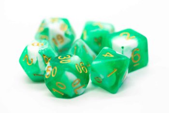 Old School 7 Piece Dice Set Vorpal Cyan & White With Gold Pose 1