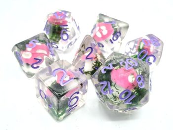 Old School 7 Piece Dice Set Infused Pink Shrooms Pose 1