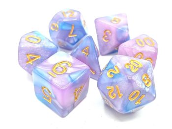 Old School 7 Piece Dice Set Vorpal Lilac & Light Blue With Gold Pose 1