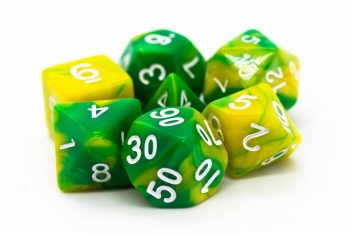 Old School 7 Piece Dice Set Vorpal Green & Yellow Pose 1